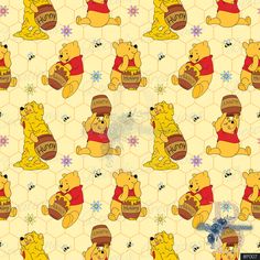 winnie the pooh wallpaper pattern with honey pot and bears on yellow hexagonal background