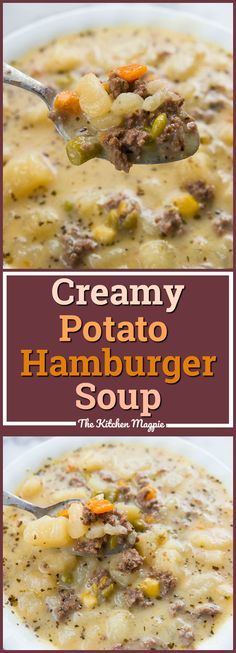 creamy potato hamburger soup in a white bowl