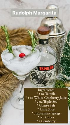 5min · 1 serving     Ingredients  • * 2 oz Tequila  • * 2 oz White Cranberry Juice  • * 2 oz Triple Sec  • * Coarse Salt  • * Lime Slice  • * 2 Rosemary Sprigs  • * Ice Cubes  * 1 Cranberry  Instructions  • * Coat the rim of a margarita glass with lime juice from the lime slice & roll in the coarse salt.  • * Squeeze the rest of the lime juice into the glass.  • * Add ice cubes.  • * Pour in the tequila, triple sec, & white cranberry juice.  • * Add two rosemary sprigs for antlers.  • * Then add a cranberry for Rudolph’s nose. Fun Christmas Drinks, Christmas Margarita, My Heavenly Recipes, Christmas Drinks Alcohol Recipes, Xmas Drinks, Christmas Drinks Recipes, Christmas Drinks Alcohol, Heavenly Recipes, White Cranberry Juice