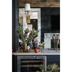 the kitchen counter is covered with plants and wine glasses in front of an open door