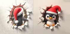 a penguin wearing a santa claus hat breaks through the wall with its paw and looks like he's coming out from behind it