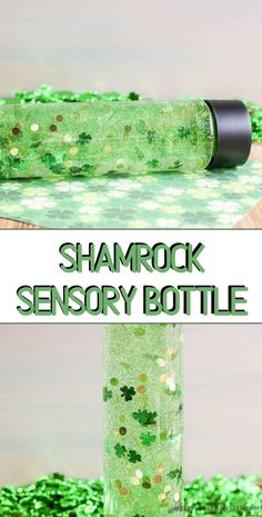 a green bottle filled with shamrocks next to a sign that says shamrock sensory bottle