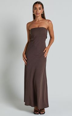 Elerie Maxi Dress - Strapless Linen Dress in Chocolate | Showpo USA Summer Wedding Guest Dress Casual, Strapless Dress Outfit, Classy Formal Dresses, Brown Linen Dress, Slip Dress Style, Chocolate Product, Brown Strapless Dress, Maxi Linen Dress, Vestido Strapless