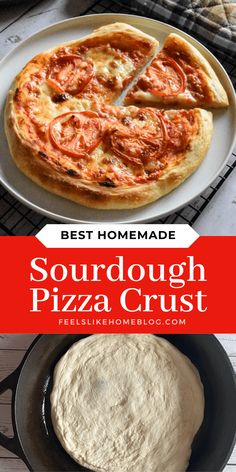 the best homemade sourdough pizza crust is in a skillet and ready to be eaten