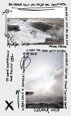 two different pictures with some writing on them and one has an image of a waterfall