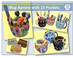 mug aprons with 15 pockets are shown in four different pictures, one is filled with pens and pencils