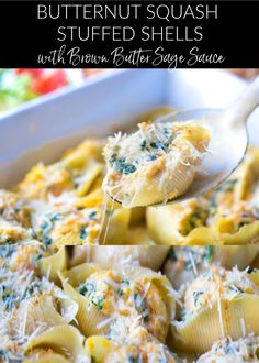 a spoon full of butternut squash stuffed shells with broccoli and cheese sauce