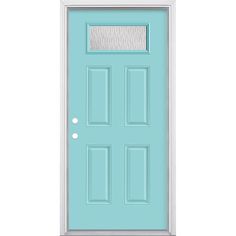 the front door is painted aqua blue and has two glass panels on each side, while the