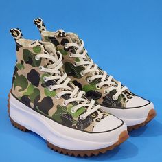 Converse Run Star Hike High Archive Print Camo Green Yellow Leopard Sand Sneaker Boots 170913c Nwt Size Guide: (Listed As Women's Size.) Men's 4 - Women's 5.5 Mpn: 170913c Remix The Past. Create The Future. Designed To Turn Heads, This Edition Of The Run Star Hike Is All About Expressing Your Style. A Mix Of Archival '80s Camo And Leopard Prints Come Together On Organic Canvas For An Unexpected Look. A Lightweight, Molded Platform And Jagged Outsole Tread Add Height And Traction, Elevating Your Camouflage High-top Sneakers With Rubber Sole, Converse Run Star Hike, Converse Run, Run Star Hike, Leopard Prints, Converse Run Star, Platform Sneaker, The Run, Womens Converse