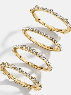 Maggie Ring Set - Clear/Gold – Stackable ring set – BaubleBar Push Present Ring Stack, Stackable Crystal Ring For Formal Occasions, Formal Stackable Crystal Ring, Push Present Ring, Gold Medallion Necklace, Ring Stacks, Push Present, Dope Jewelry Accessories, Pearl Statement Earrings