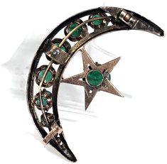 "Stunning Emeralds set in 10k Rose Gold crescent pendant. Hard to find Moon and Star design. 1880's beautiful Victorian Pendant Length: 1.5\". Width: 1\" Was $1295. NOW $1100." Emerald And Rose Gold, Moon And Star Design, Santa Fe Jewelry, Crescent Pendant, Victorian Pendants, Snake Necklace, May Birthstone, Moon And Star, Initial Ring