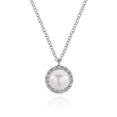 The necklace features a freshwater cultured pearl as the focal point, embodying timeless sophistication. Surrounding the 6.5mm pearl is a dainty halo of sparkling diamonds weighing 0.13 carats, adding a touch of luxury. Perfect for a June birthday, this necklace makes for an effortless and elegant gift. Available in 14K or 18K white, rose or yellow gold Includes pendant box Includes jewelry appraisal Ships fully insured to point of delivery Includes 18"chain Diamond White Box Chain Necklace, Elegant Diamond Necklace With Box Chain Gift, Elegant White Gold Box Chain Necklace, Formal Diamond White Jewelry With Box Chain, Formal Jewelry With Round Pendant Box Chain, Classic Wedding Necklaces With Box Chain, Formal Fine Jewelry Necklace With Box Chain, Classic Wedding Box Chain Necklaces, Formal Fine Jewelry Necklaces With Box Chain