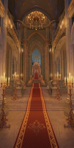 the interior of a large church with candles on either side of the alter and an ornate red carpet