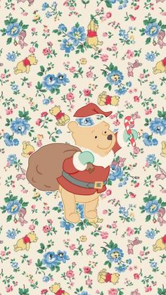 winnie the pooh wallpaper with flowers and candy canes on it's back