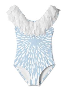 White Ruffled Swimwear For Play, Playful Blue Summer Bodysuit, Playful Blue Onesie For Summer, Playful Blue Bodysuit For Summer, Playful Blue Summer Onesie, White Ruffled Onesie For Playwear, White Summer Bodysuit For Playwear, Spring Beach Fitted Onesie, Blue Onesie For Beach In Summer