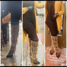 Black Over The Knee Boots With Gold Shingles. Fitted Boots For Fall Festival, Trendy Festival Boots For Fall, Chic Fringe Boots For Winter, Trendy Fall Festival Boots, Brown Knee-high Boots For Fall Night Out, Brown Knee-high Boots For Night Out In Fall, Fitted Knee-high Boots For Fall Festival, Fringe Fitted Boots For Fall, Fitted Fringe Boots For Fall