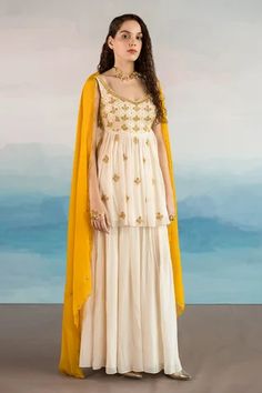 Shop for Ease Off White Pure Crepe Embroidered Kurta Sharara Set for Women Online at Aza Fashions Peplum With Sharara, White Sharara, V Neck Kurta, Kurta Sharara Set, Kurta Sharara, White Kurta, White Peplum, Embroidered Dupatta, Scallop Edge