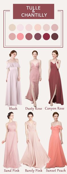 the different types of dresses are shown in this image, including pinks and browns