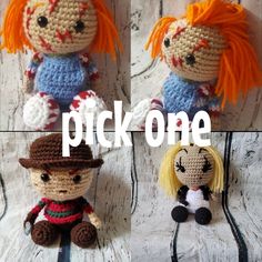 three crocheted dolls sitting next to each other