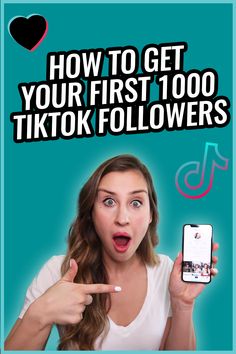 a woman pointing at her phone with the text how to get your first 100 tiktok followers