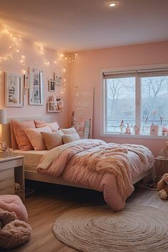 a bedroom decorated in pink and white with lots of lights on the wall above the bed