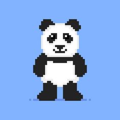 a pixel art panda bear with black and white stripes on it's chest, standing in front of a blue background