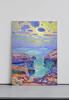 an oil painting on canvas of the ocean with rocks and cliffs in the background, under a cloudy sky