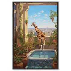 a painting of a giraffe standing in front of a pool with potted plants