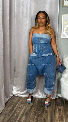 Upgrade your style game with our Patchwork Denim Bandeau Jumpsuit! Featuring a trendy patchwork design, a comfortable loose fit, and convenient pockets, this jumpsuit is perfect for any occasion. With a chic bandeau top and an easy-to-use back zipper closure, you'll make a statement at any event this season. Fits true to size for most Lightweight denim fabric Model wearing a size Medium small fits 2-6 medium fits 8-10 large fits 12-14 item does not have stretch but has a baggy fit. Trendy Strapless Jumpsuit With Pockets For Summer, Casual Medium Wash Strapless Jumpsuit, Trendy Strapless Jumpsuit With Pockets, Casual Denim Strapless Jumpsuit In Medium Wash, Casual Medium Wash Strapless Jumpsuit For Spring, Casual Denim Strapless Jumpsuit, Casual Strapless Jumpsuit For Spring In Medium Wash, Casual Strapless Jumpsuit In Medium Wash For Spring, Casual Cotton Strapless Jumpsuit With Pockets