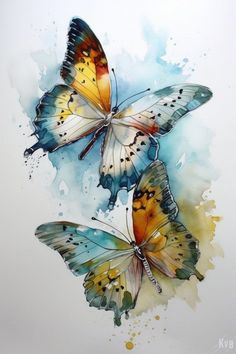 three butterflies flying in the sky with watercolor paint on paper, one is yellow and the other is blue