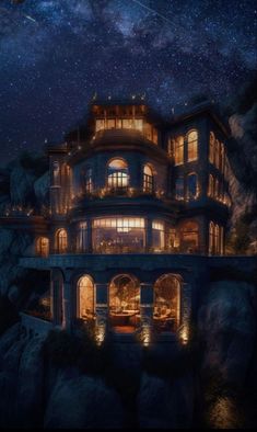 an image of a house at night with the stars in the sky above it and lights on