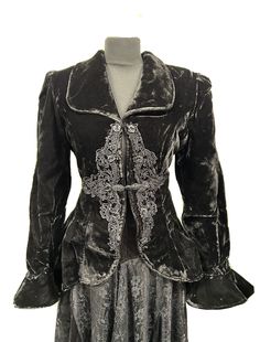 Black velvet fitted vintage women's  Victorian Gothic / Steampunk jacket . This  Vintage Raven clothing Jacket . It is black velvet fitted with embroidered detail on the front . it has fitted sleeves with a bell cuff. The  size S which is a Uk S chest 34 . This is a rare find. Sleeves 24   Limited stock  Thank you for looking Gothic Long Sleeve Velvet Outerwear, Long Sleeve Velvet Costume Outerwear, Black Gothic Velvet Outerwear, Long Sleeve Velvet Outerwear For Costume, Black Velvet Gothic Outerwear, Gothic Fitted Velvet Outerwear, Fitted Gothic Velvet Outerwear, Velvet Costume Outerwear For Fall, Winter Velvet Costume Outerwear