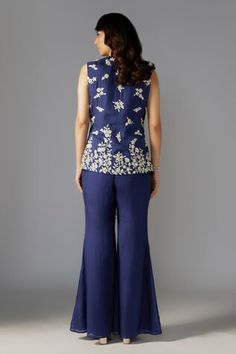 Blue jacket with sequin bead embellished floral vine patterns. Comes with solid sharara. - Aza Fashions Embellished Jacket, Beaded Neckline, Blue Flats, Sequin Beading, Fashion App, Floral Vine, Blue Jacket, Modern Bride, Aza Fashion