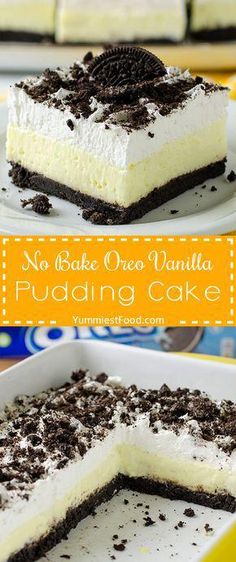 no bake oreo vanilla pudding cake on a plate