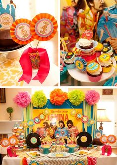 the table is decorated with cupcakes, cake and decorations for a birthday party