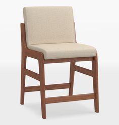 a wooden chair with a beige upholstered seat and backrest, viewed from the front