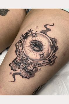 a woman's thigh with an eye tattoo on it