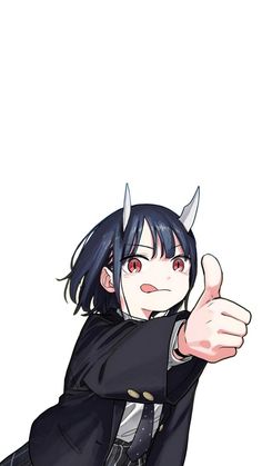 an anime character with horns and black hair giving the thumbs up while wearing a suit