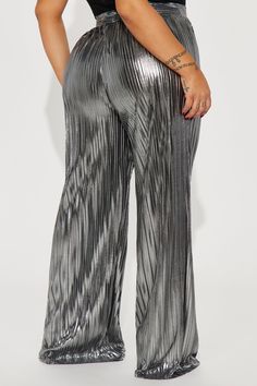 Available In Purple And Silver. Wide Leg Pant High Rise Pull On Elastic Waistband Metallic Plisse Non Stretch 100% Polyester Imported | Party Up Metallic Plisse Pant in Silver size XL by Fashion Nova Metallic Bottoms With Elastic Waistband For Party, Glamorous Bottoms With Elastic Waistband For Party, Party Bottoms With Elastic Waistband And Stretch, Metallic Wide Leg Pants For Party, Metallic Pants For Spring Parties, Metallic High Waist Pants For Party, High Waist Pants With Elastic Waistband For Party, Party Bottoms With Elastic Waistband, Trendy Non-stretch Wide Leg Pants For Party