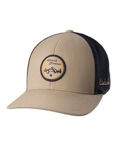 Whether you're a rugged outdoorsman or you prefer to look out the window, our Cottonwood Hat will help you look the part. Khaki in color accented with breathable navy mesh, this adjustable snapback hat features an HD printed patch with a tribute to the mountains. Pair it with a sweatshirt or hoodie for the perfect mountain man look. Six-panel Trucker Hat For Outdoor Activities, Outdoor Trucker Six-panel Hat, Trucker Style Snapback Hat For Camping, Trucker Six-panel Snapback Hat For Camping, Six-panel Trucker Hat For Camping, Outdoor Six-panel Trucker Hat With Logo Patch, Brown Baseball Cap Trucker Hat For Hiking, Trucker Snapback Hat With Curved Bill For Outdoor Activities, Trucker Baseball Cap With Curved Bill For Hiking