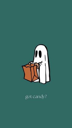 a ghost holding a bag with the words got candy? on it's face