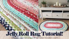 the jelly roll rug is on display in front of a dresser and table with drawers