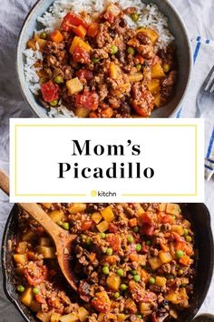 mom's picadillo recipe in a skillet with rice and peas on the side