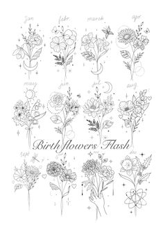 a drawing of flowers with the words birth flower flash written on it's side