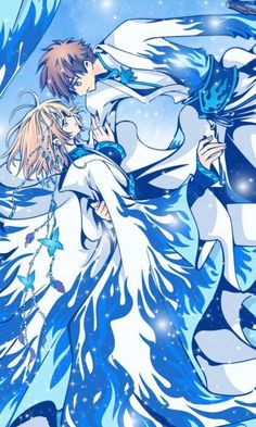 two anime characters in white and blue outfits, one holding the other's hand