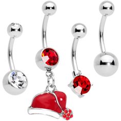 14 Gauge (1.6mm), 7/16" (11mm), 316L Surgical Grade Stainless Steel Curved Barbells, 5mm Ball Ends, Sold as a Set of 4 Clear Red Gem Holiday Santas Cap Christmas Dangle Belly Ring Set of 4 Get into the holiday spirit with this pretty pack of 14 gauge belly button rings that are a perfect choice for a Christmas gift! Made with 7/16" durable 316L surgical grade stainless steel curved barbells, this set of navel rings features one with a red bottom gem, one with a clear bottom gem, one with a plain Santa Cap, Red Santa Hat, Jewelry Promotion, Navel Jewelry, Dangle Belly Rings, Belly Jewelry, Red Bottom, Button Rings, Nose Rings Hoop