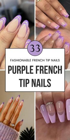 Dazzling purple French tip nails with light, pinkish, and glitter accents. Perfect for long colorful nails or short fake nails. Ideal for DIY nail art lovers, these designs are sure to impress. Save this pin to your "Colourful Nails" board and visit the article for more ideas!