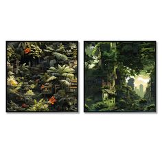 two paintings with trees and plants on them