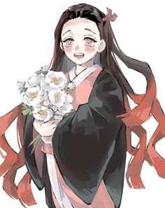 an anime character holding a bouquet of flowers in one hand and wearing a kimono on the other