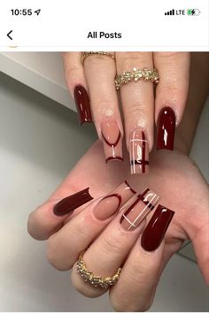 Brown And Burgundy Nails, Fall Nails Ideas Burgundy, Bridal Nails Designs, Long Square Nails, Plaid Nails, Inland Empire, Glow Nails, Burgundy Nails